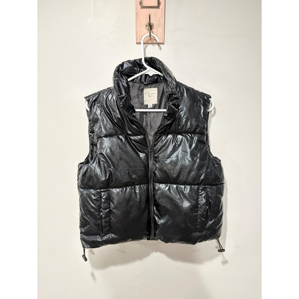 Orange Kiss Essentials Womens Black Shiny Puffer Vest Small Full Zip Quilted